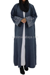Front Open Abaya With Embroidered Sleeve Melange Dark Grey