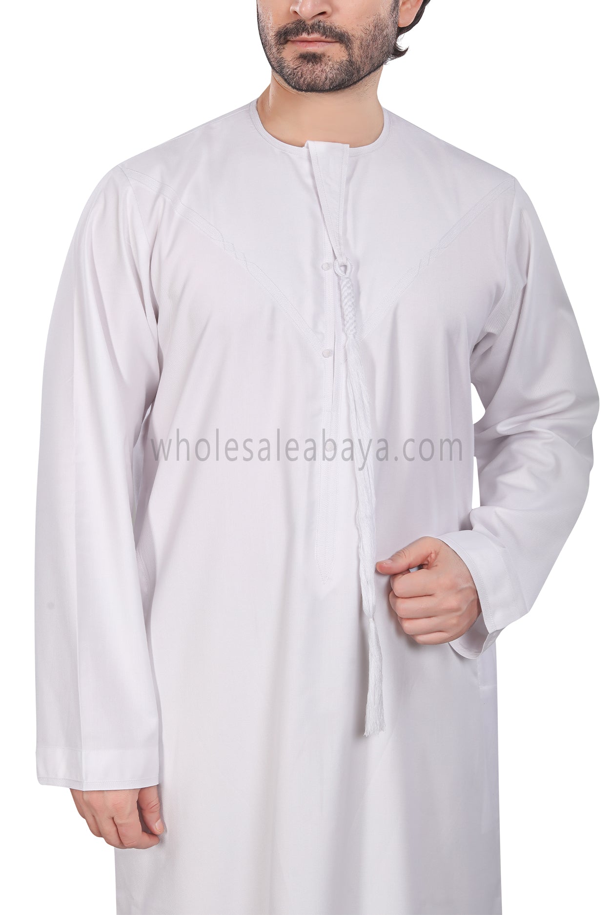 Men's Premium Emirati Thoube  With Buttons & Tassel  White