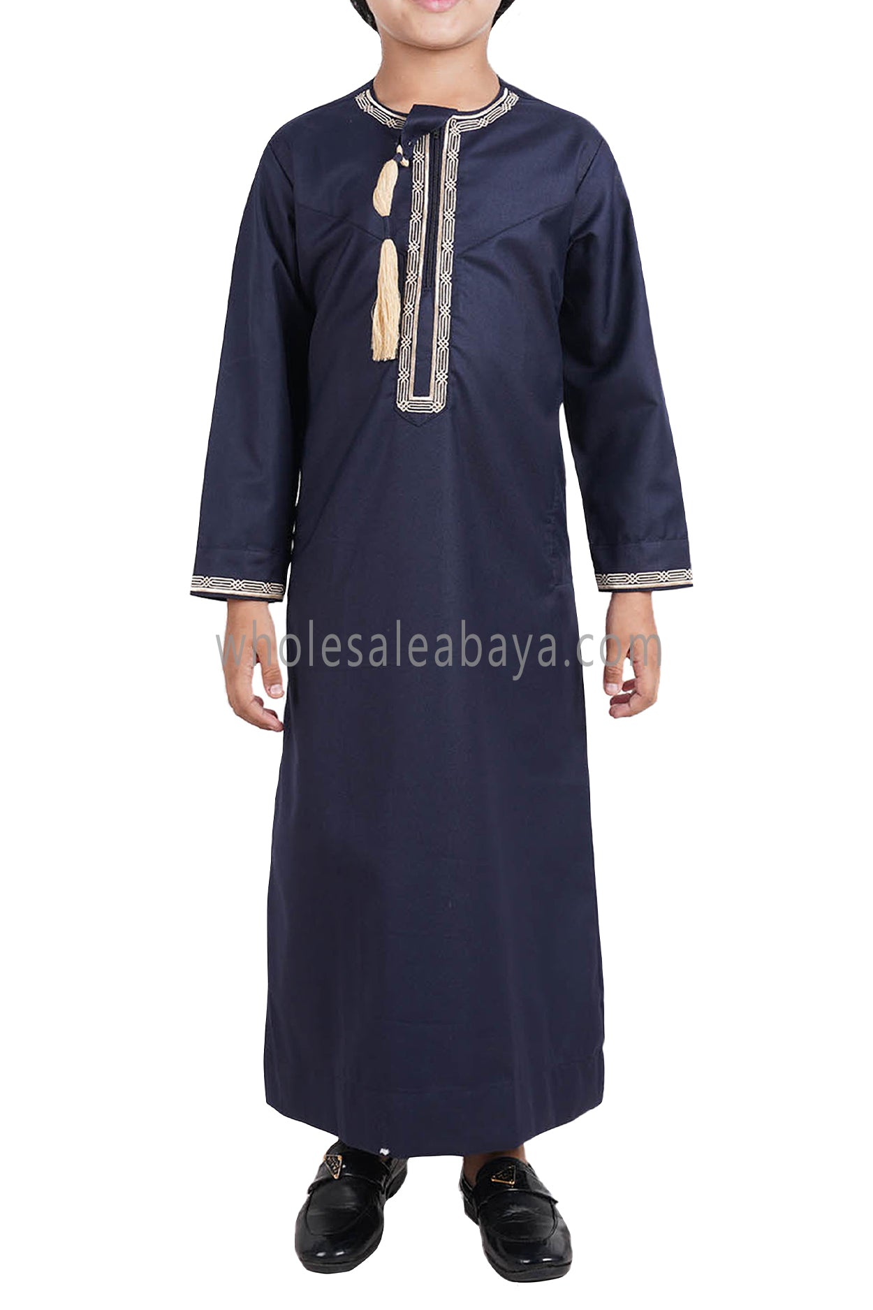 Boy's Omani Thoube With Designer Embroidery and Tassel Blue Grey Gold