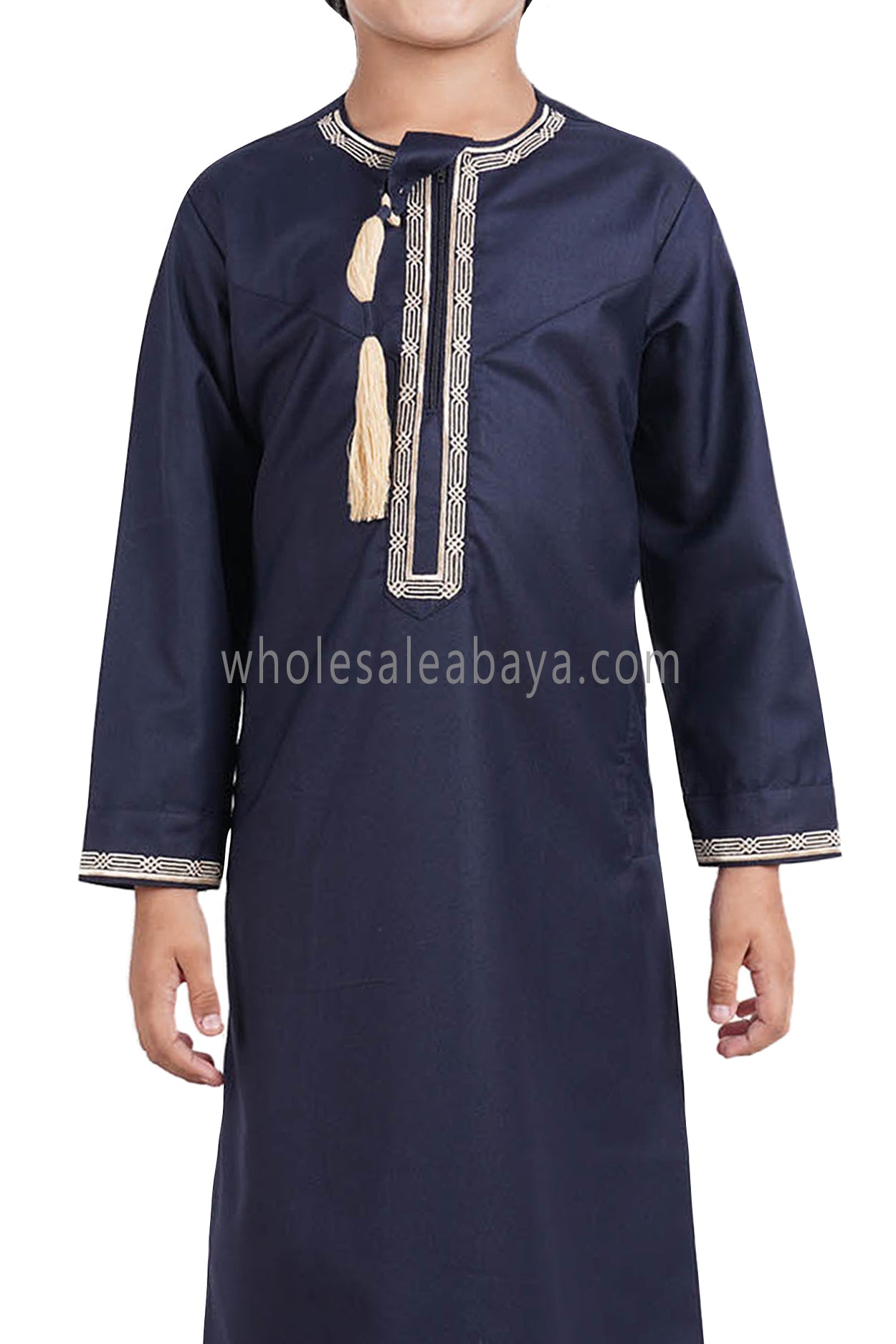 Boy's Omani Thoube With Designer Embroidery and Tassel Blue Grey Gold