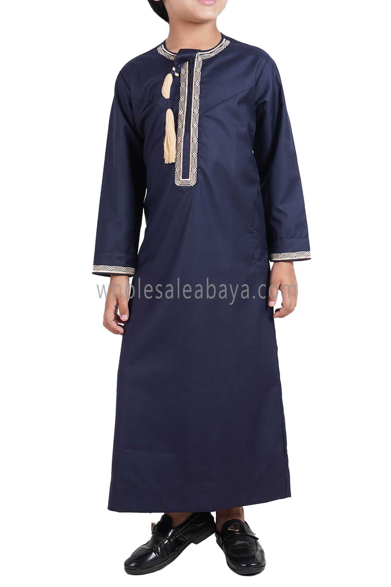 Boy's Omani Thoube With Designer Embroidery and Tassel Blue Grey Gold