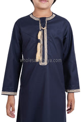 Boy's Omani Thoube With Designer Embroidery and Tassel Blue Grey Gold