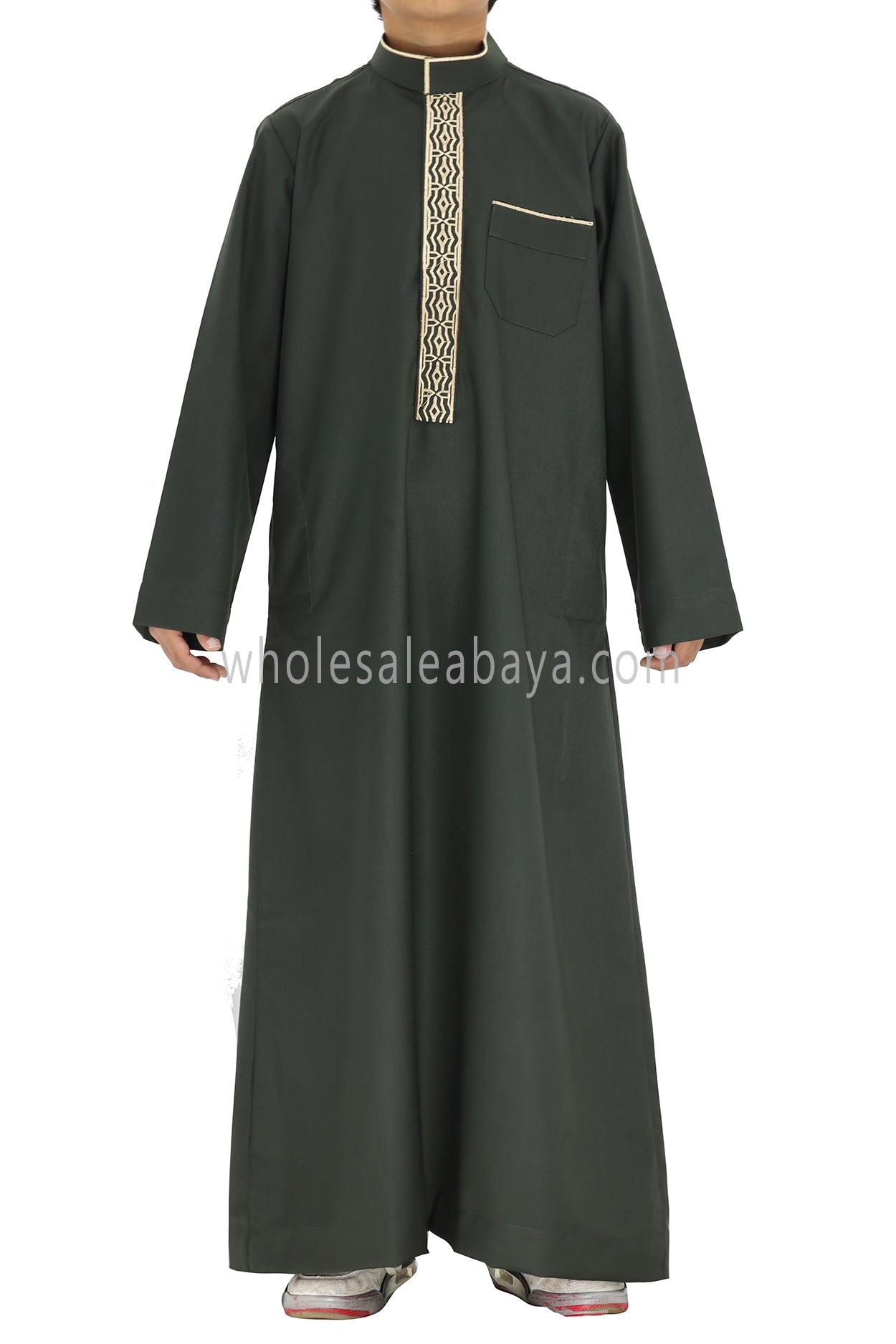 Boy's Elegant  Collar Thoube With Embroidery Khaki Green