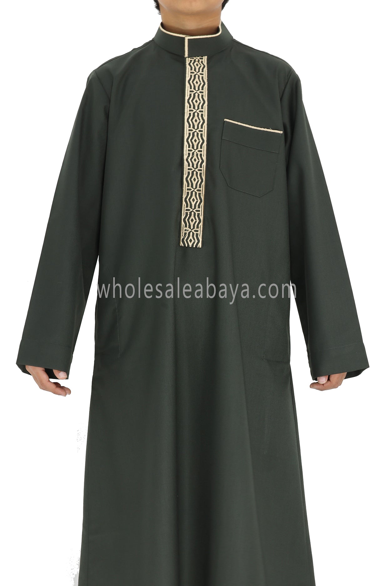 Boy's Elegant  Collar Thoube With Embroidery Khaki Green
