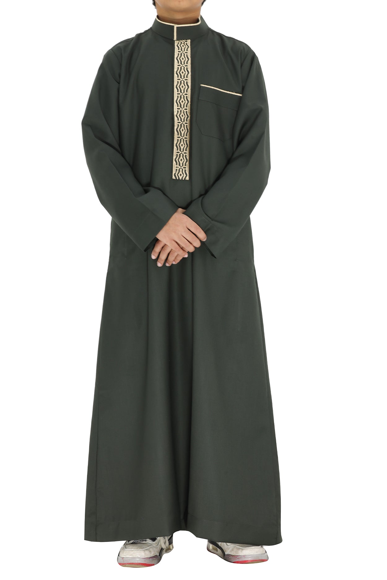 Boy's Elegant  Collar Thoube With Embroidery Khaki Green