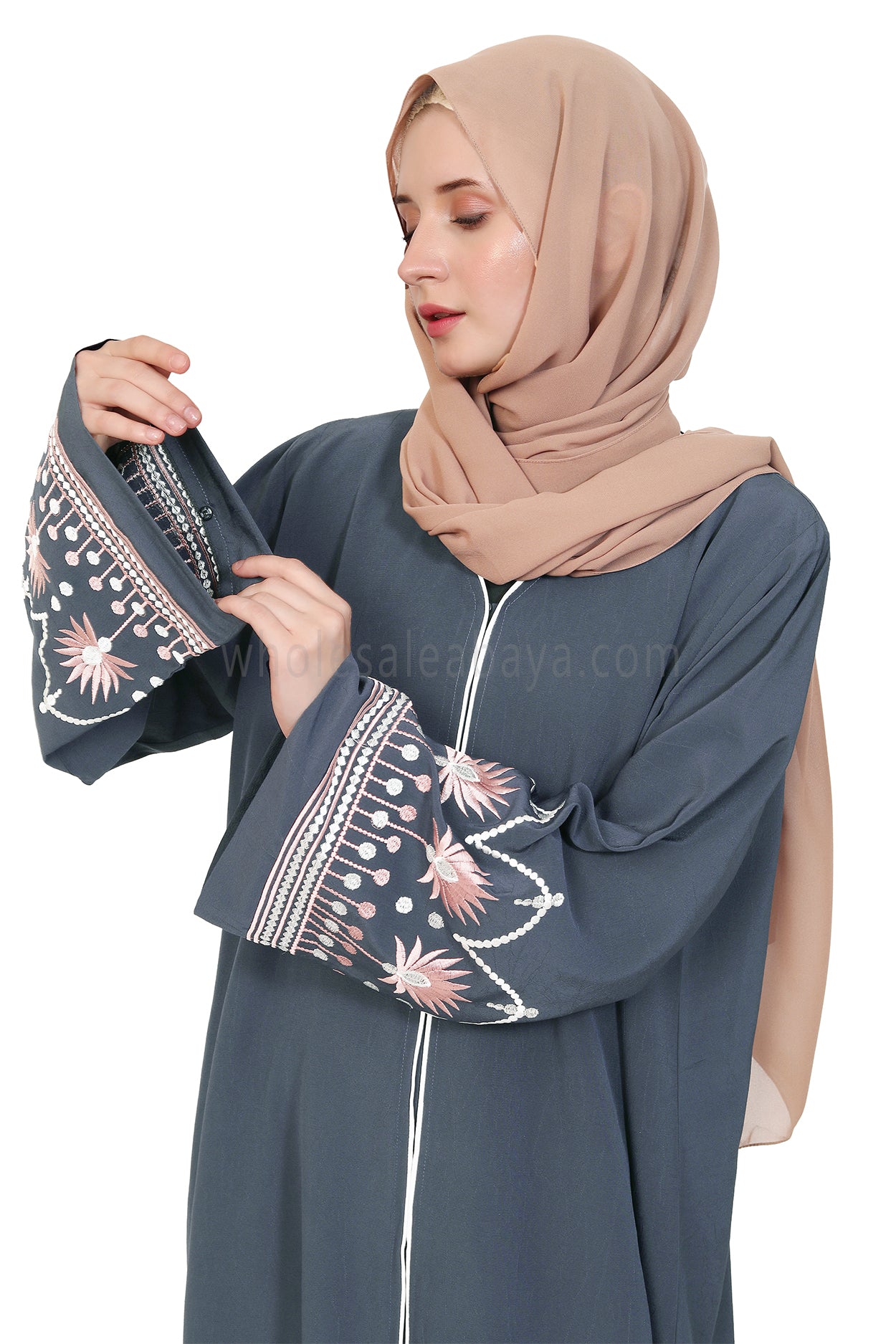 Open Abaya With Embroidered Sleeves 30527