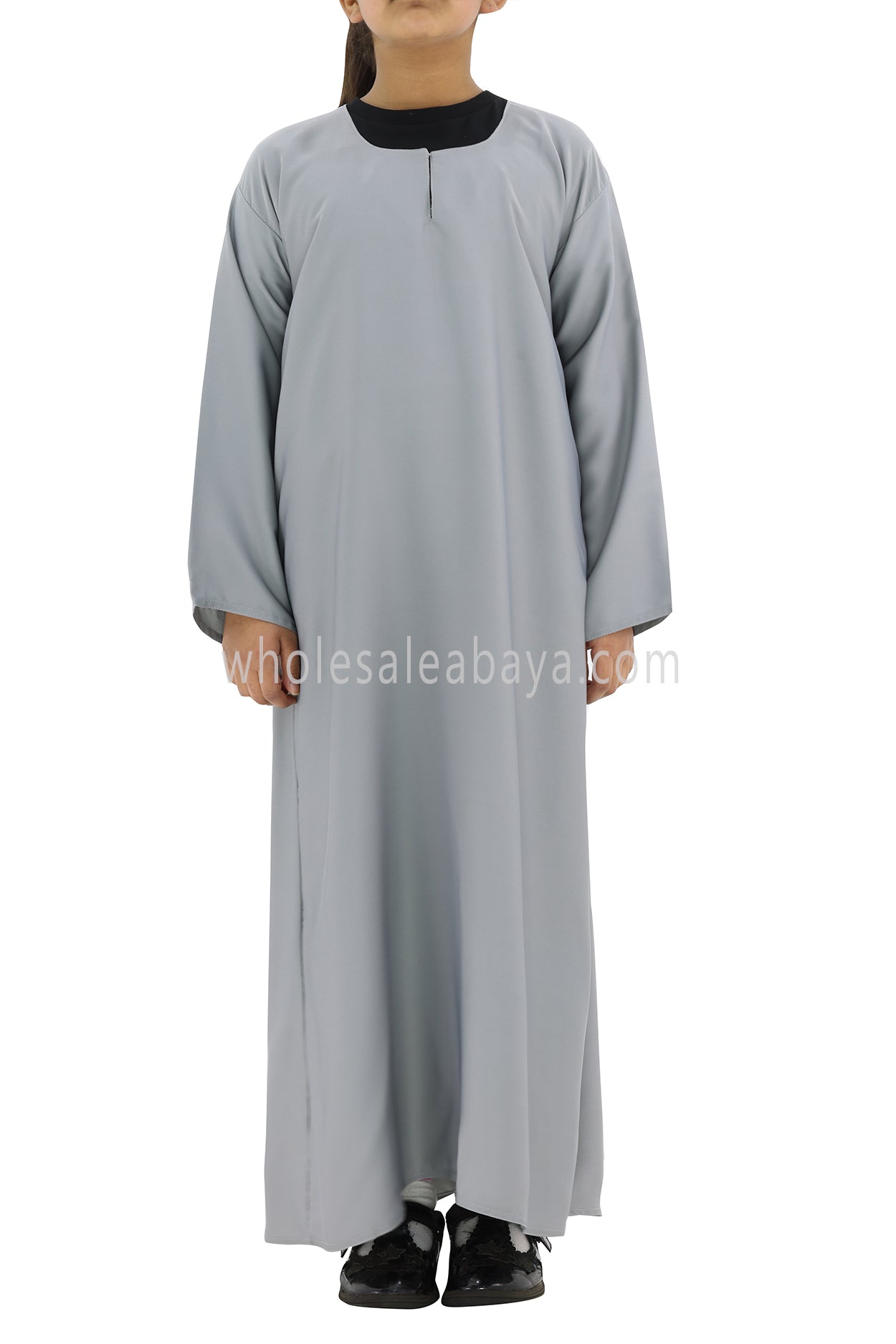 Girls Closed Plain Abaya With Straight Cut Light Grey