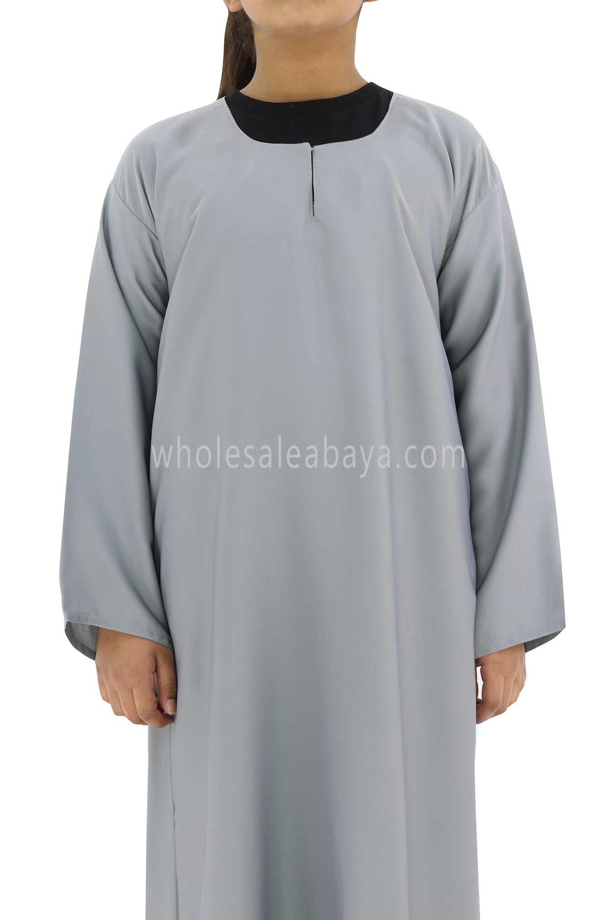 Girls Closed Plain Abaya With Straight Cut Light Grey