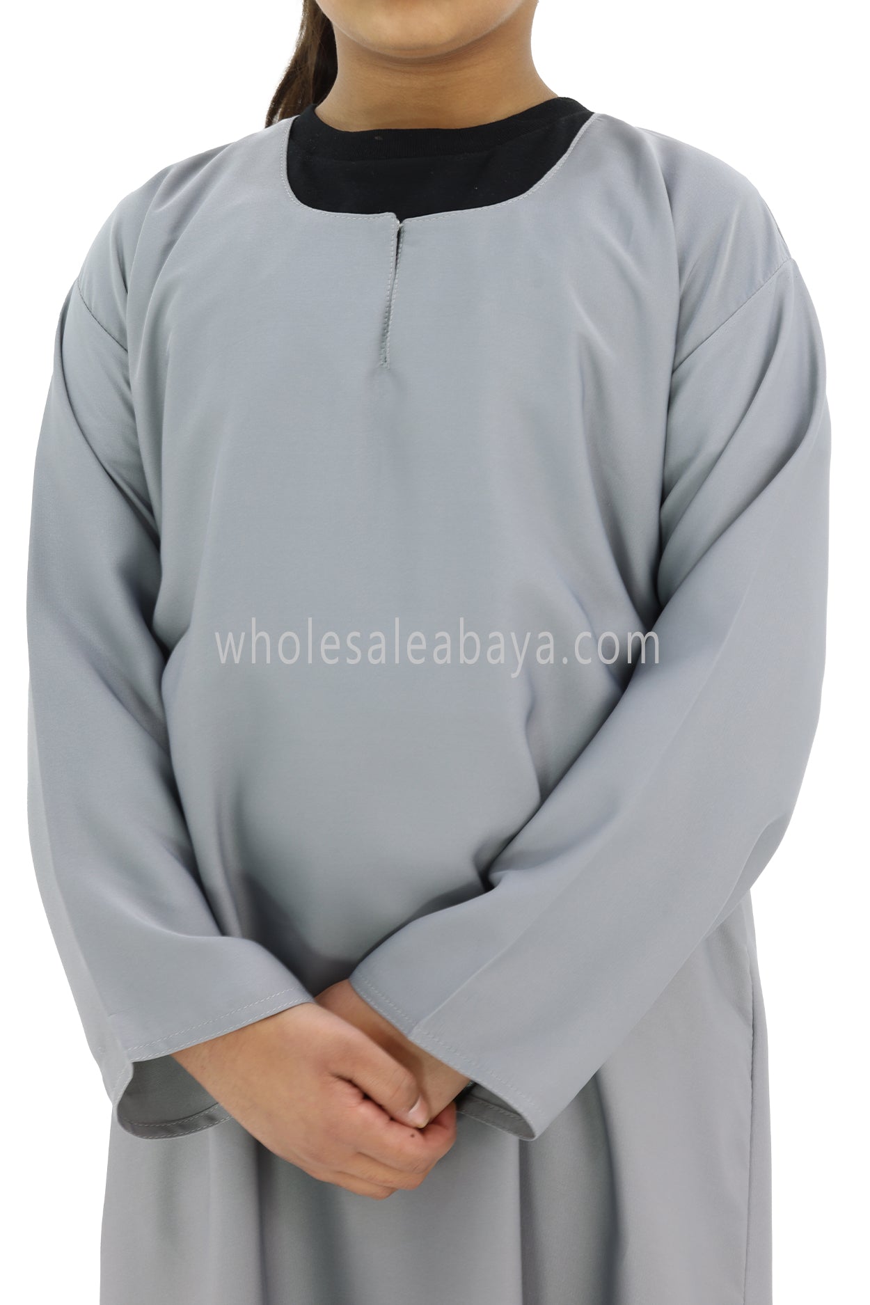 Girls Closed Plain Abaya With Straight Cut Light Grey