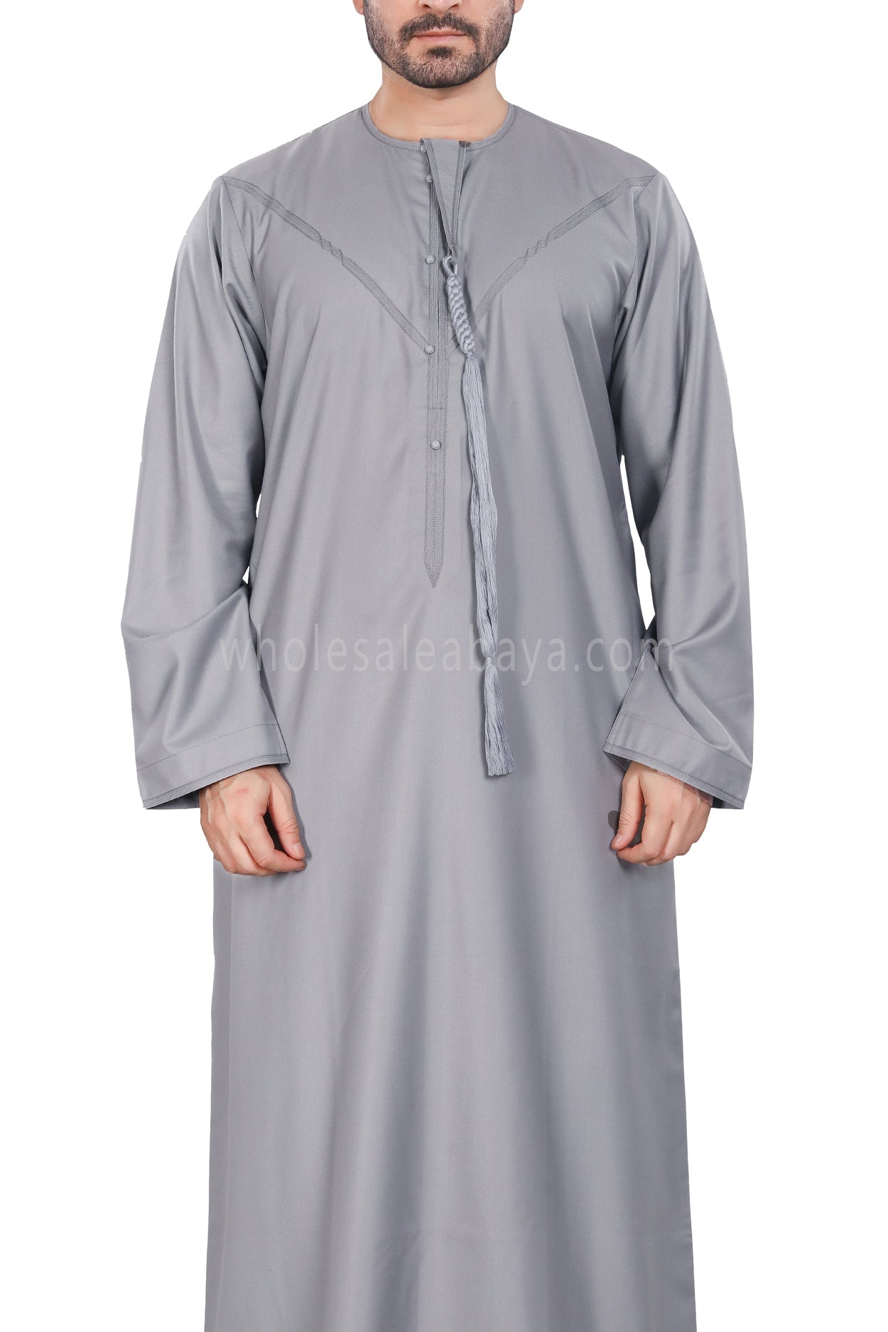 Men's Premium Emirati Thoube  With Buttons & Tassel  Light Grey
