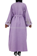 Front Open Abaya With Embroidered Sleeve With Belt Lilac