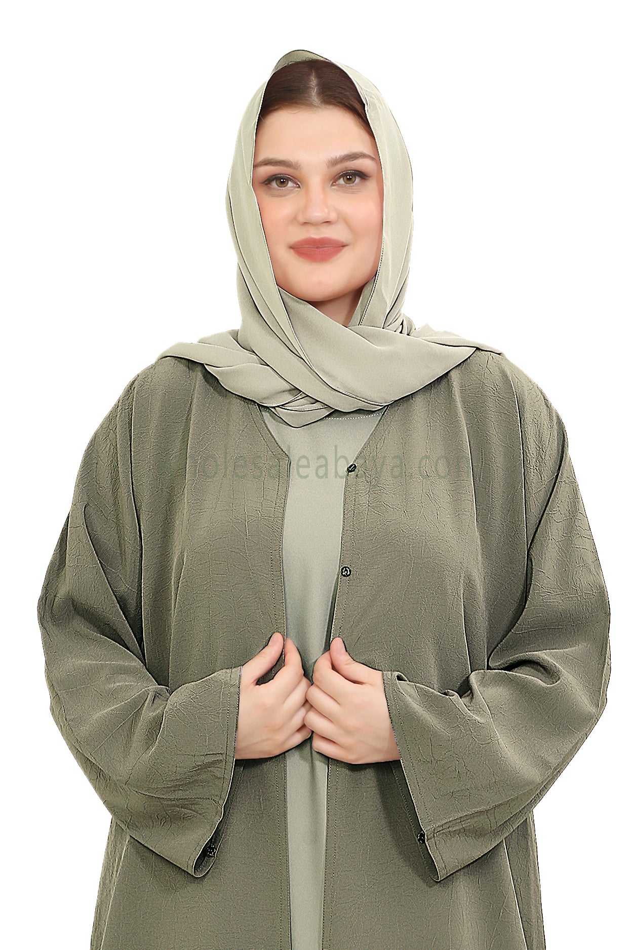 Front Open Abaya with Buttons Closure in Arwa Crush Crepe 30051  Greyish Olive