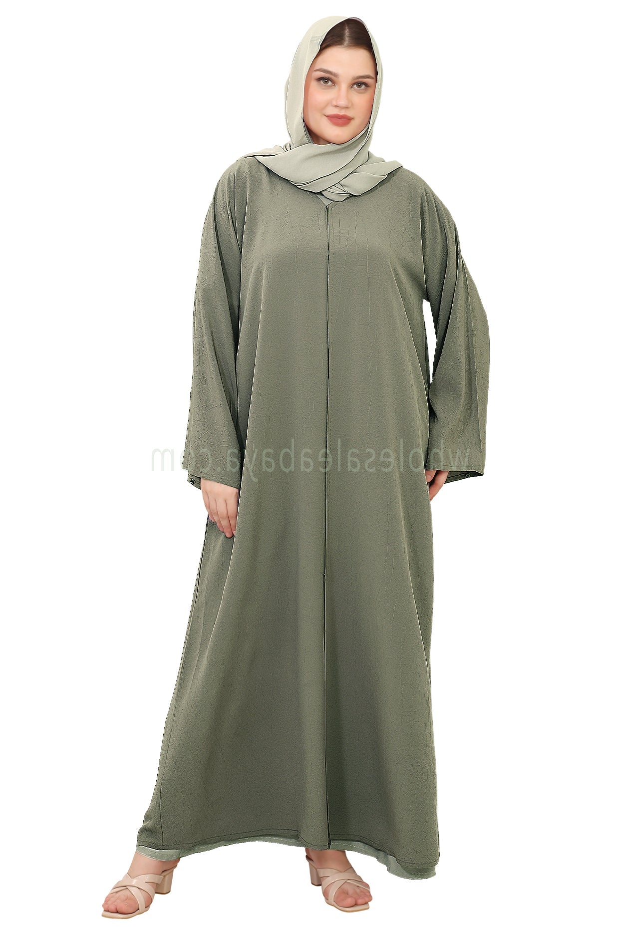 Front Open Abaya with Buttons Closure in Arwa Crush Crepe 30051  Greyish Olive