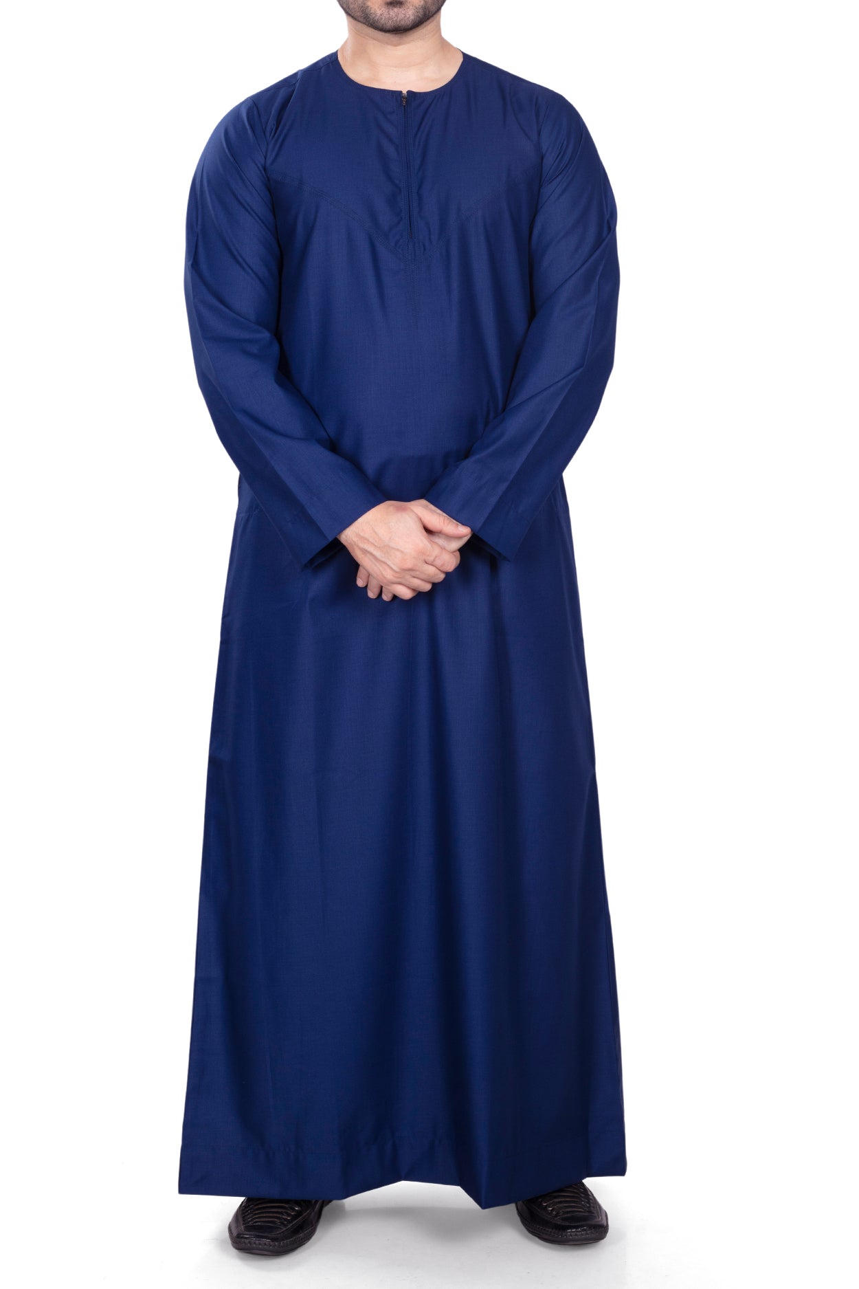 Men's Classic Plain Omani Thoube With Front Zip Navy Blue