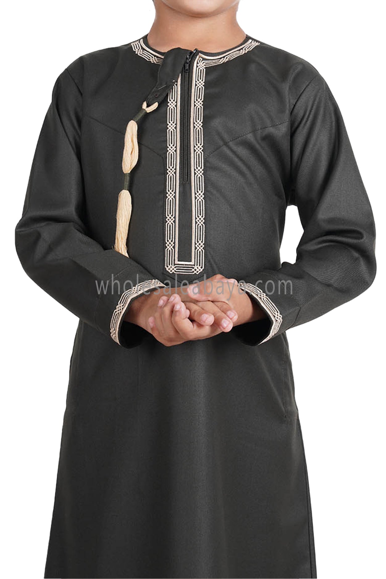 Boy's Omani Thoube With Designer Embroidery and Tassel Dark Green