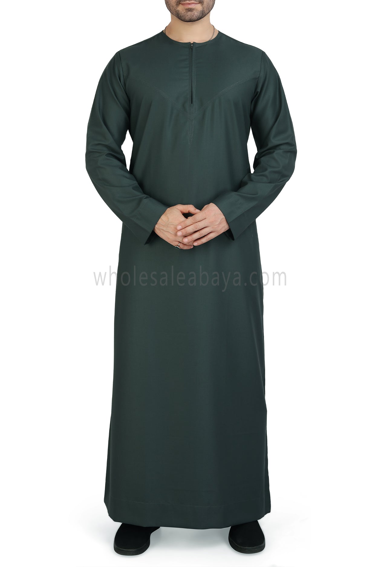 Men's Classic Plain Omani Thoube With Front Zip Emerald Green