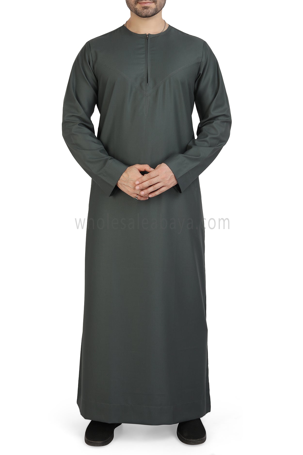 Men's Classic Plain Omani Thoube With Front Zip Khaki Green
