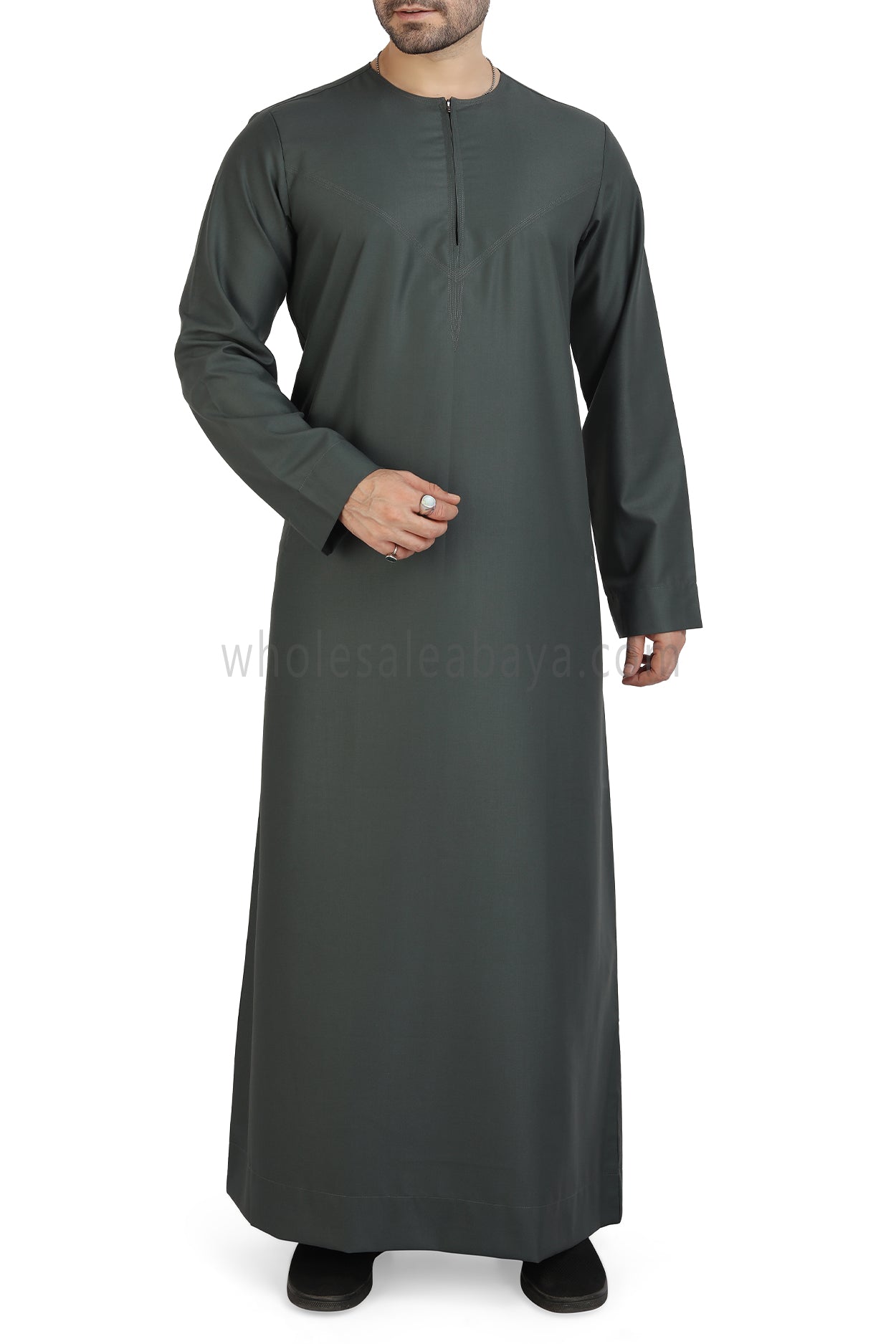 Men's Classic Plain Omani Thoube With Front Zip Khaki Green