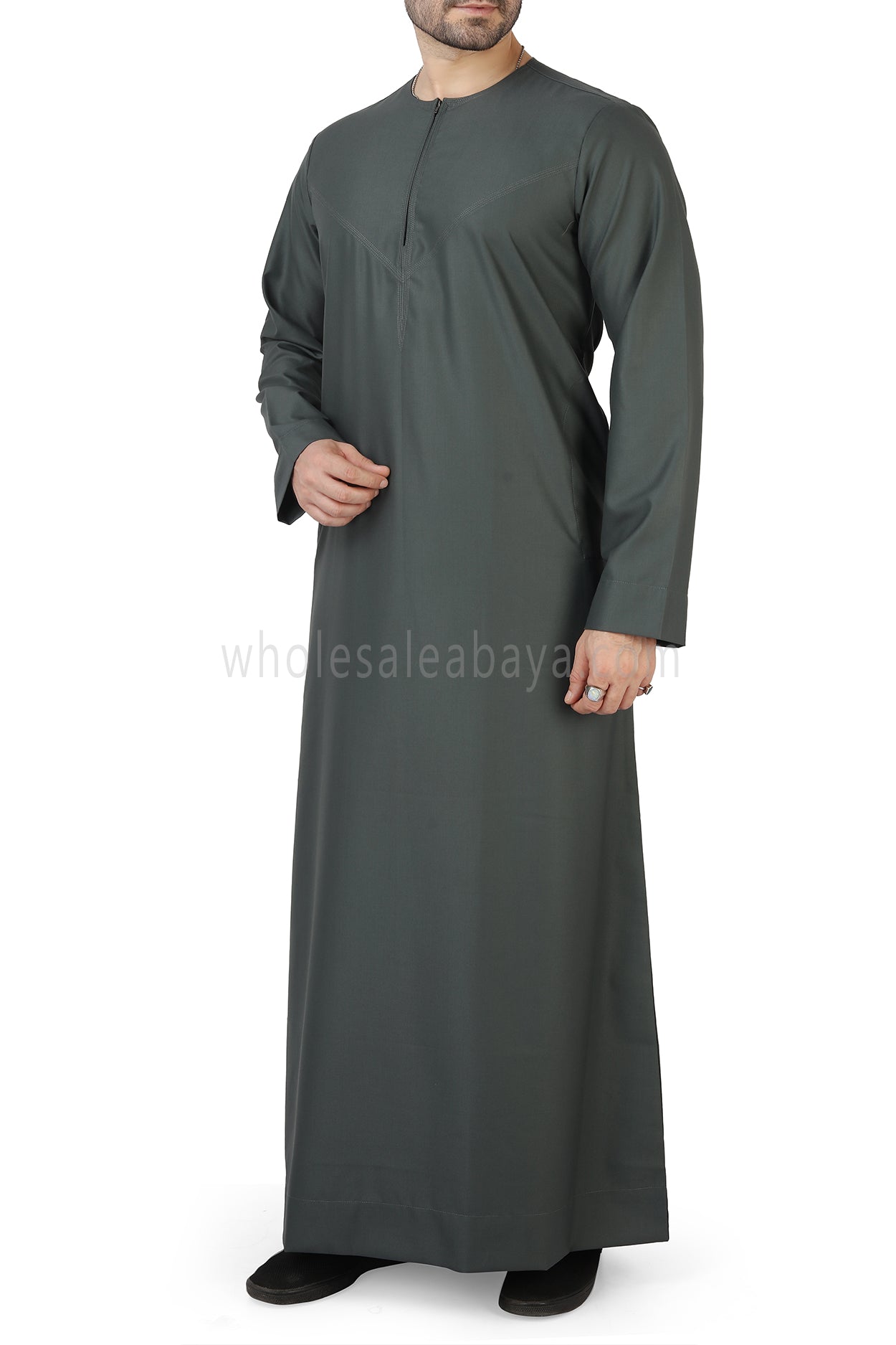Men's Classic Plain Omani Thoube With Front Zip Khaki Green