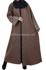 Front Open Abaya With Embroidered Sleeve Melange Cocoa Brown