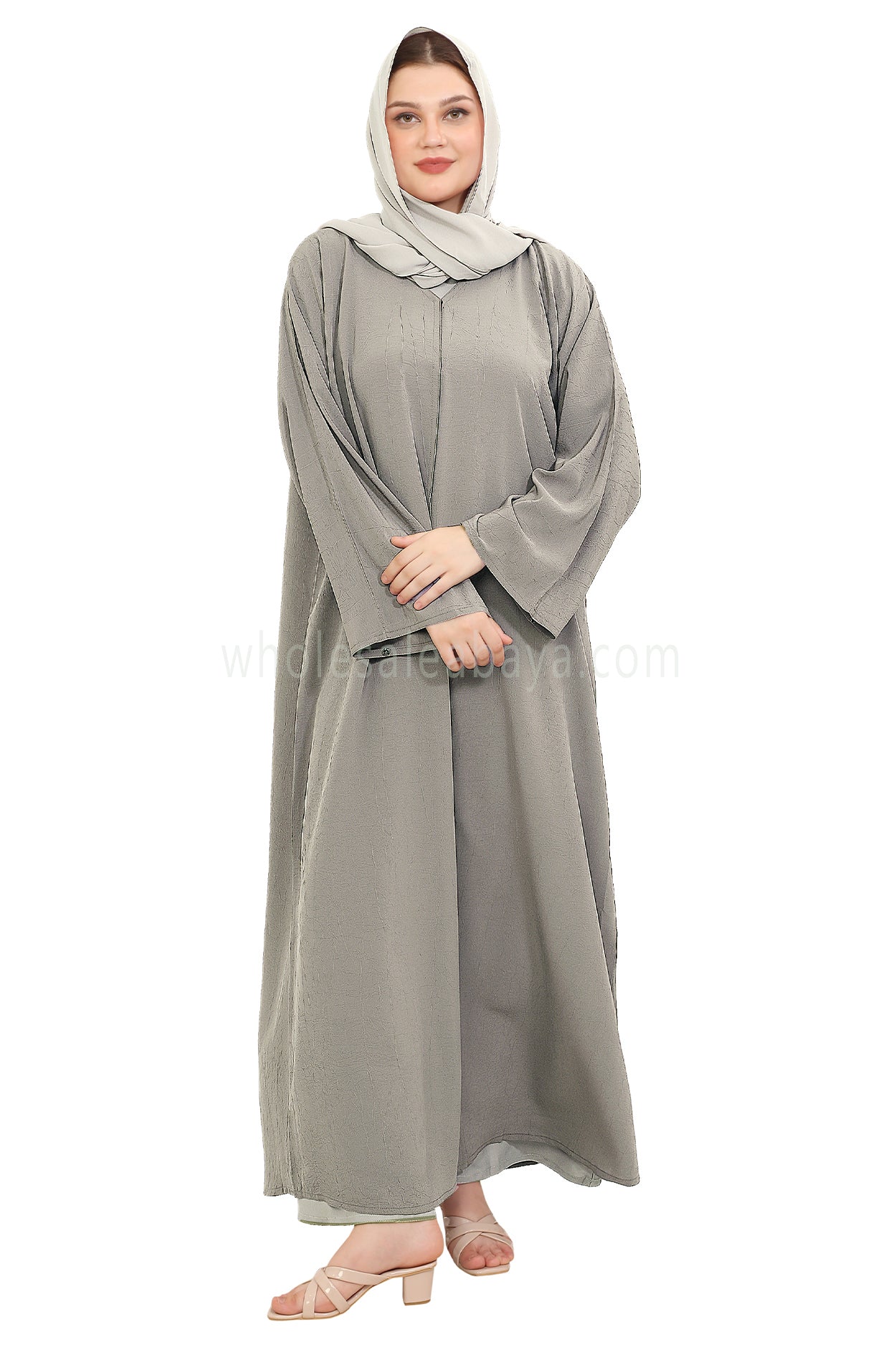 Front Open Abaya with Buttons Closure in Arwa Crush Crepe 30051  Sage Green