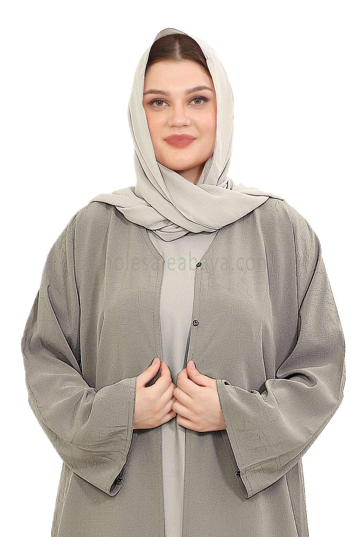 Front Open Abaya with Buttons Closure in Arwa Crush Crepe 30051 Sandstone