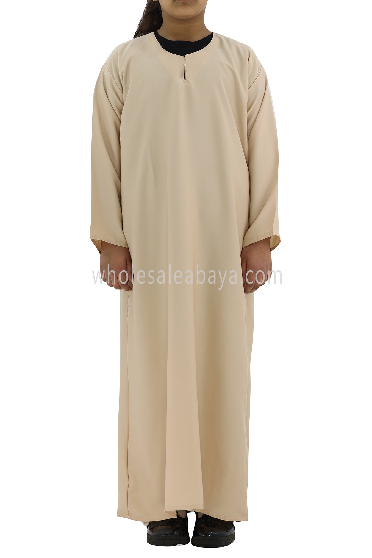Girls Closed Plain Abaya With Straight Cut Sand Beige