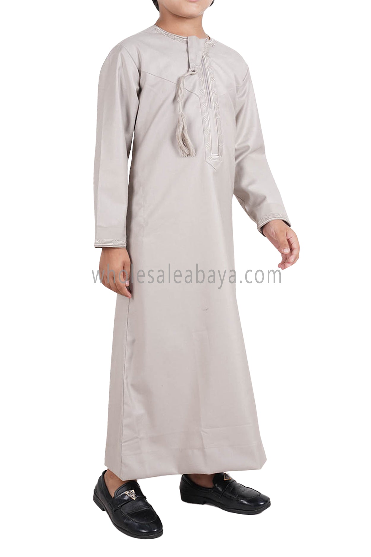 Boy's Omani Thoube With Designer Embroidery and Tassel Stone Beige