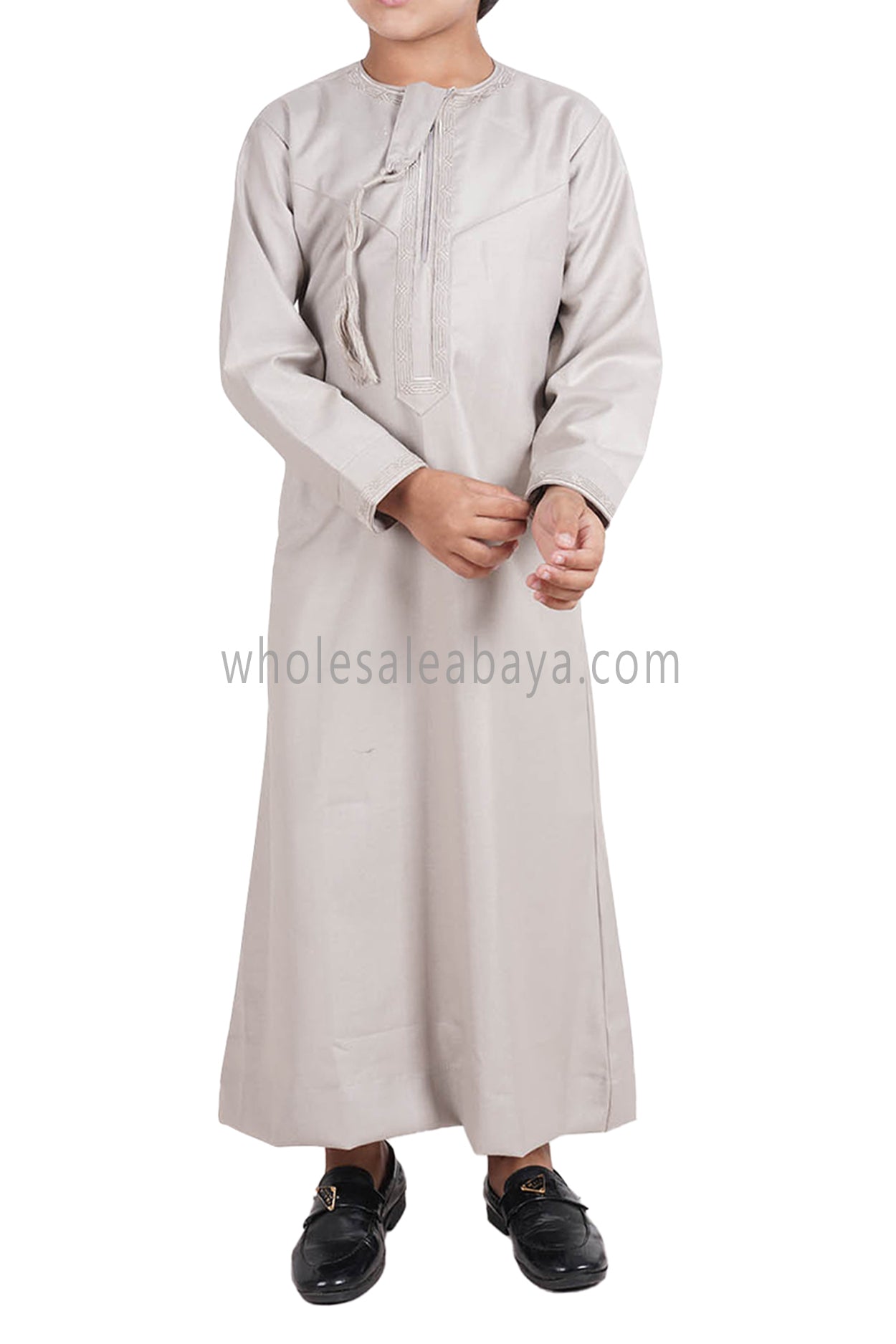 Boy's Omani Thoube With Designer Embroidery and Tassel Stone Beige