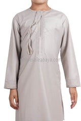 Boy's Omani Thoube With Designer Embroidery and Tassel Stone Beige