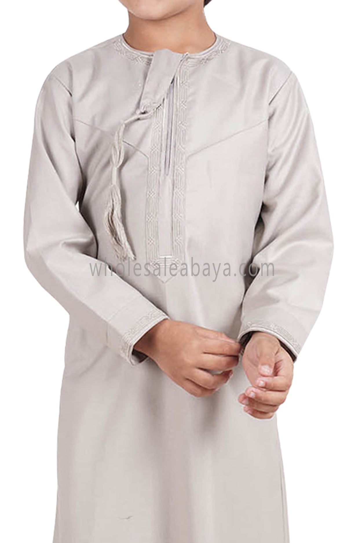 Boy's Omani Thoube With Designer Embroidery and Tassel Stone Beige