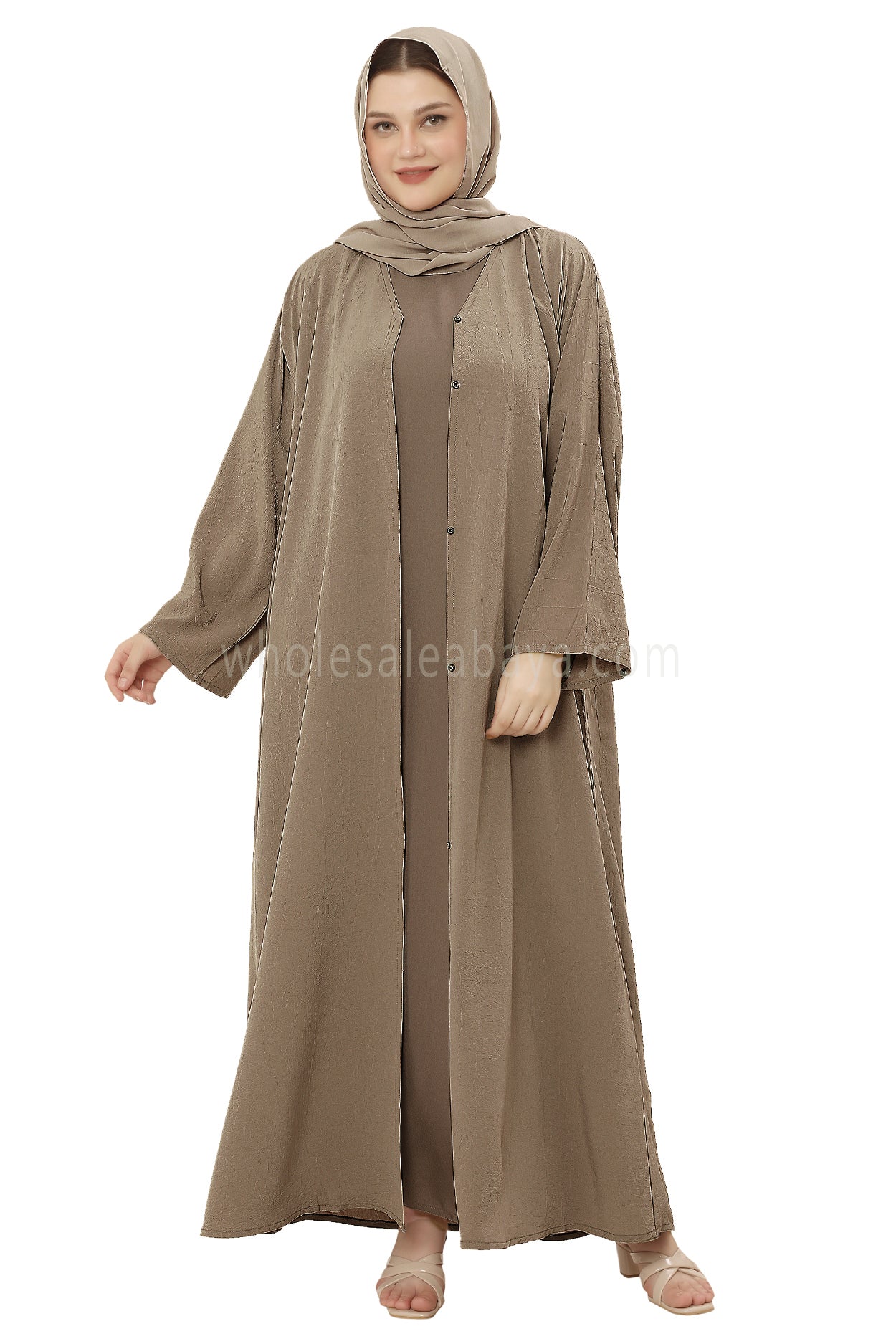 Front Open Abaya with Buttons Closure in Arwa Crush Crepe 30051  Wheat Grass