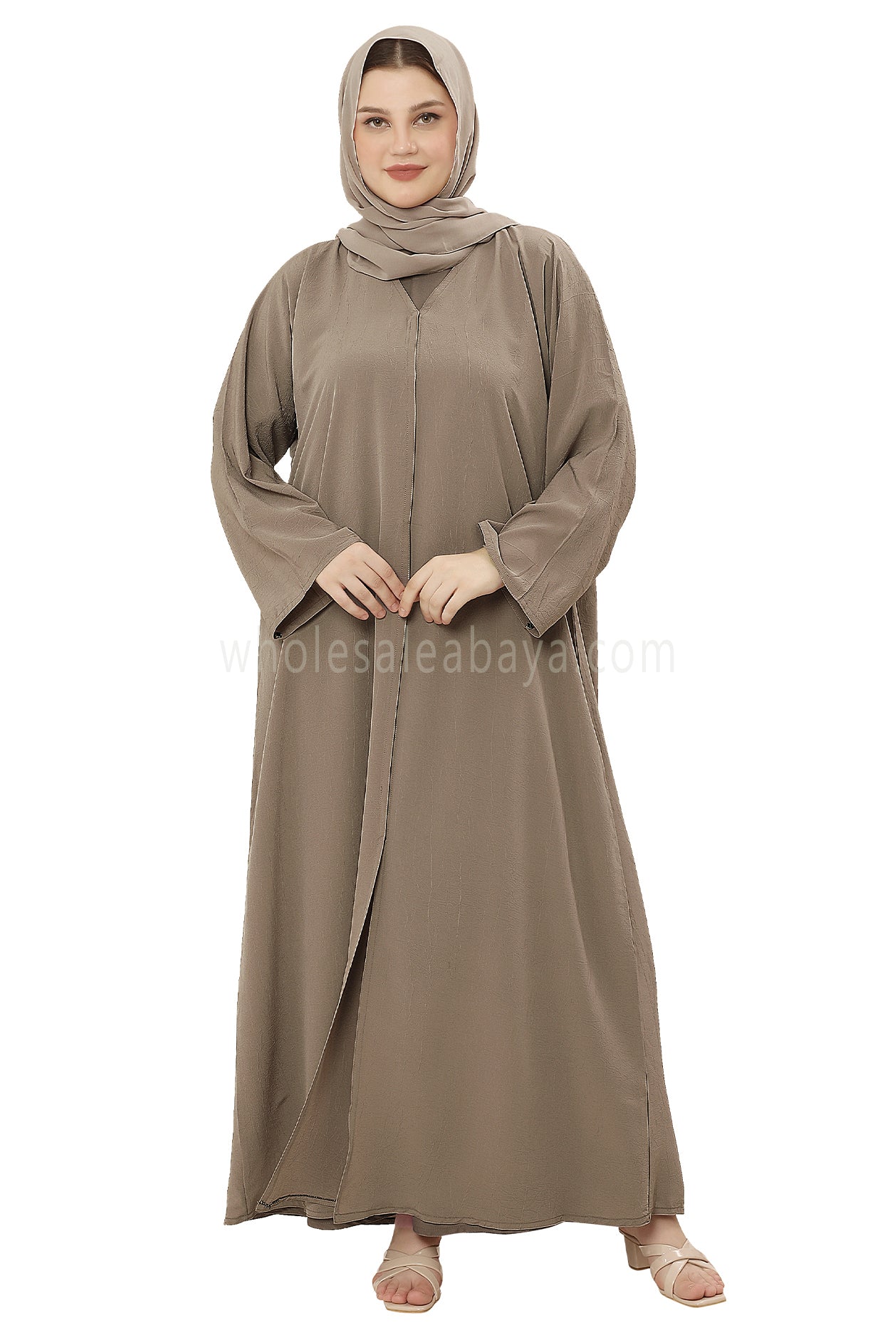 Front Open Abaya with Buttons Closure in Arwa Crush Crepe 30051  Wheat Grass