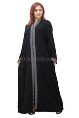 A Classic Black Nida Fabric, Open Abaya, With lace work 30378