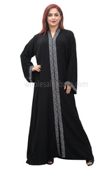 A Classic Black Nida Fabric, Open Abaya, With lace work 30378