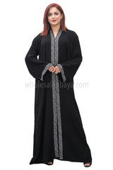 A Classic Black Nida Fabric, Open Abaya, With lace work 30378