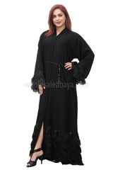 Black nida fabric hem and sleeve detailing, open abaya, with lace work and black tassel belt 30379