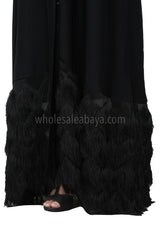 Black nida fabric hem and sleeve detailing, open abaya, with lace work and black tassel belt 30379