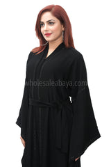 Black Dubai nida fabric, open abaya, diamante stonework and nida fabric matching belt 30393