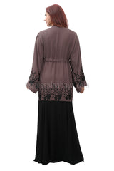 Dark Peach Zoom Nida Flared Sleeve, Open Abaya With Inner Black Tassel Belt 30397