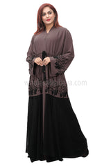 Dark Peach Zoom Nida Flared Sleeve, Open Abaya With Inner Black Tassel Belt 30397