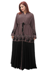 Dark Peach Zoom Nida Flared Sleeve, Open Abaya With Inner Black Tassel Belt 30397