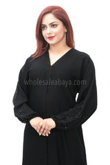 Black nida fabric handwork sleeves detailing, open abaya 30399
