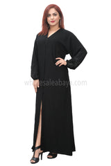 Black nida fabric handwork sleeves detailing, open abaya 30399