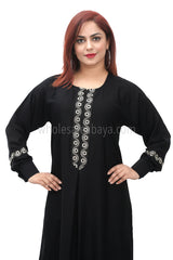 Simple front lace detailing black nida fabric, closed abaya with lace work 30400