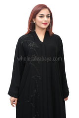 Designer Black Nida Fabric Handwork Open Abaya 30403