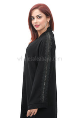 Black nida fabric handwork and sleeves detailing, open abaya with lace work 30407