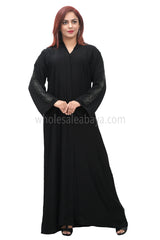 Black nida fabric handwork and sleeves detailing, open abaya with lace work 30407