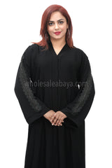 Black nida fabric handwork and sleeves detailing, open abaya with lace work 30407