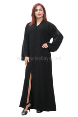 Black nida fabric handwork and sleeves detailing, open abaya with lace work 30407